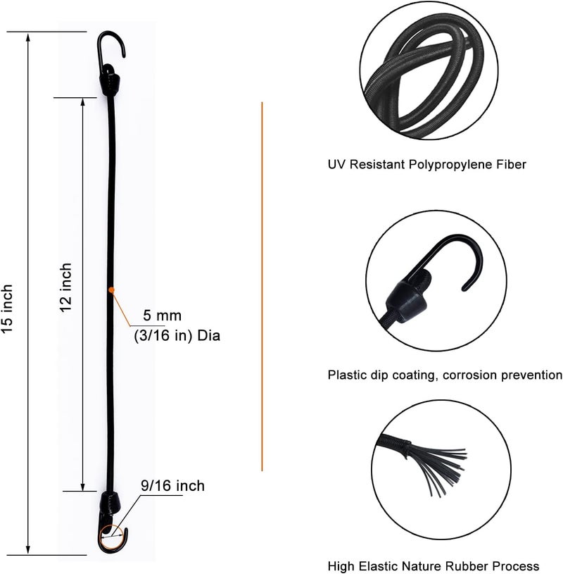 Joneaz Mini Bungee Cord with Hooks 12 Inch, Plastic Coated, Without Sharp Hook End, 15 Piece - Image 2